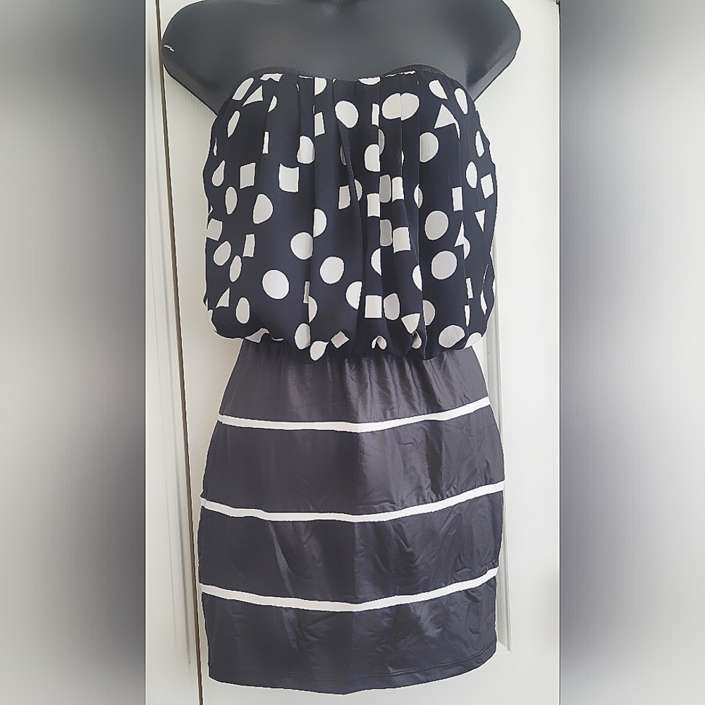 Love Couture Strapless Black and White Polka Dot Stripe Dress SZ M